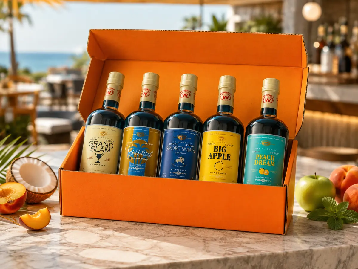 Visualisierung eines orangefarbenen alkoholfreien WonderBar Starterpakets mit fünf Cocktailflaschen