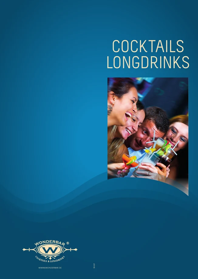 Blaue WonderBar Cocktailkarte für 14 Sorten, Titelseite